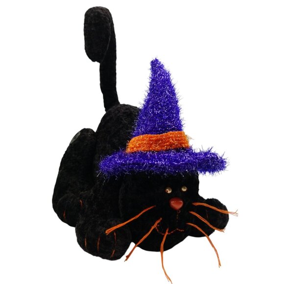 Halloween Black Cat Plush With Purple & Orange Witch Hat Posable Tail - Picture 8 of 16